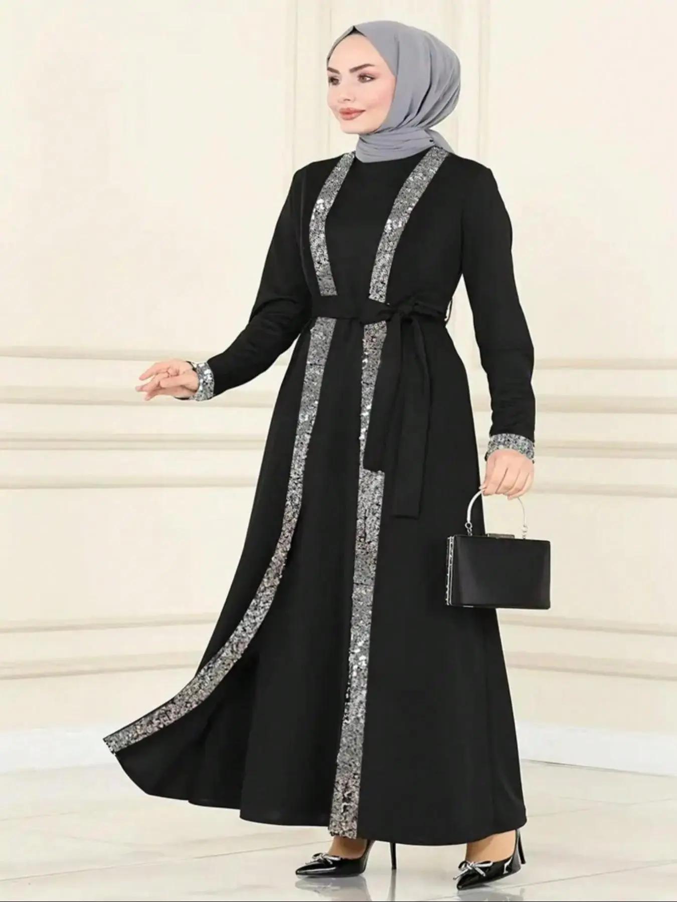 women's Colorblock 2 in 1 Belted Long Sleeve Dress, Elegant Long Dress for Party Holiday Wedding Guest, Ladies Clothes for All Seasons