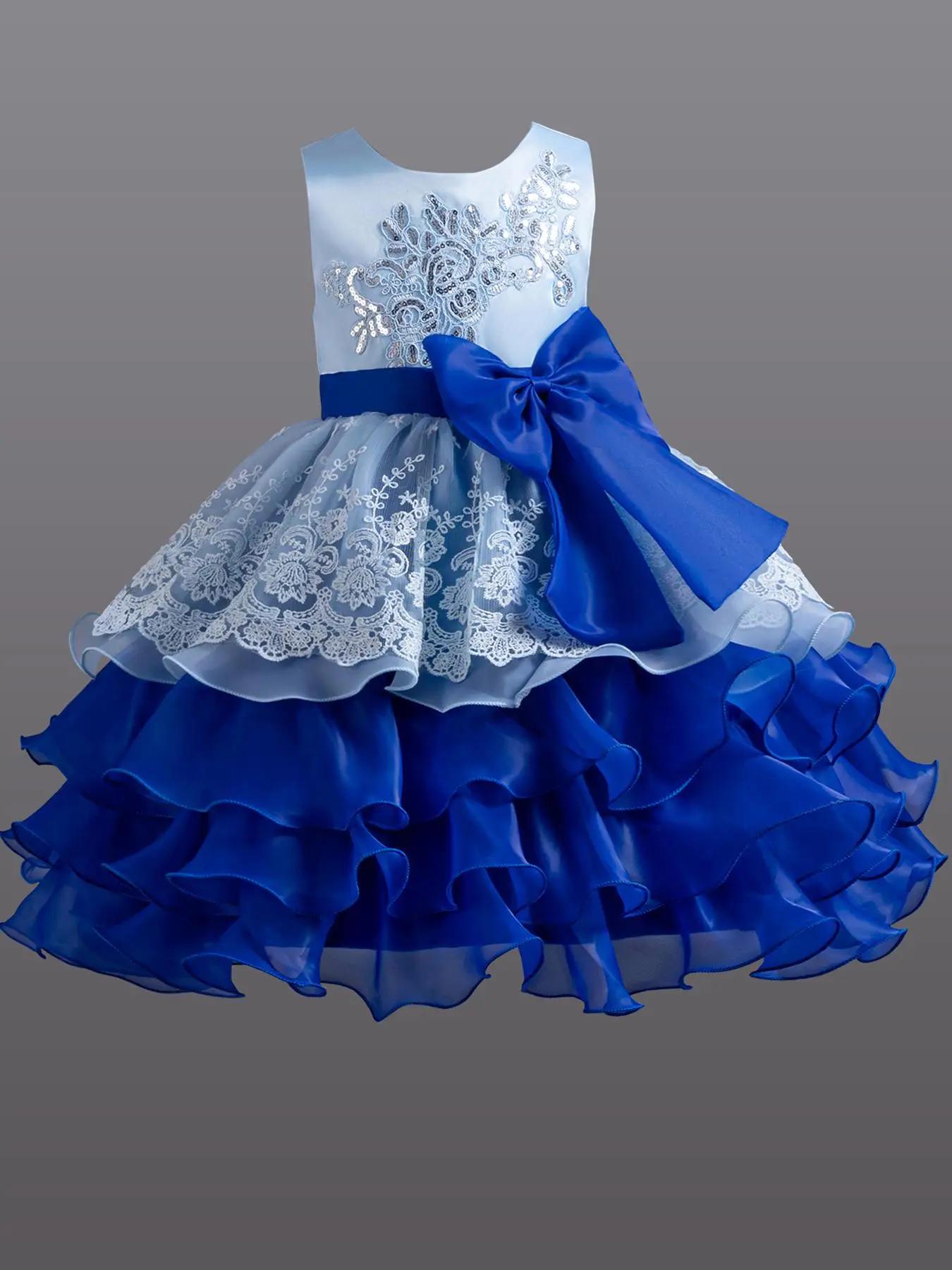 Girl's Patchwork Sequin Embroidered Bow Decor Layered Hem Dress, Elegant Sleeveless Round Neck A Line Dress for Party Wedding Guest, Kids Clothes for