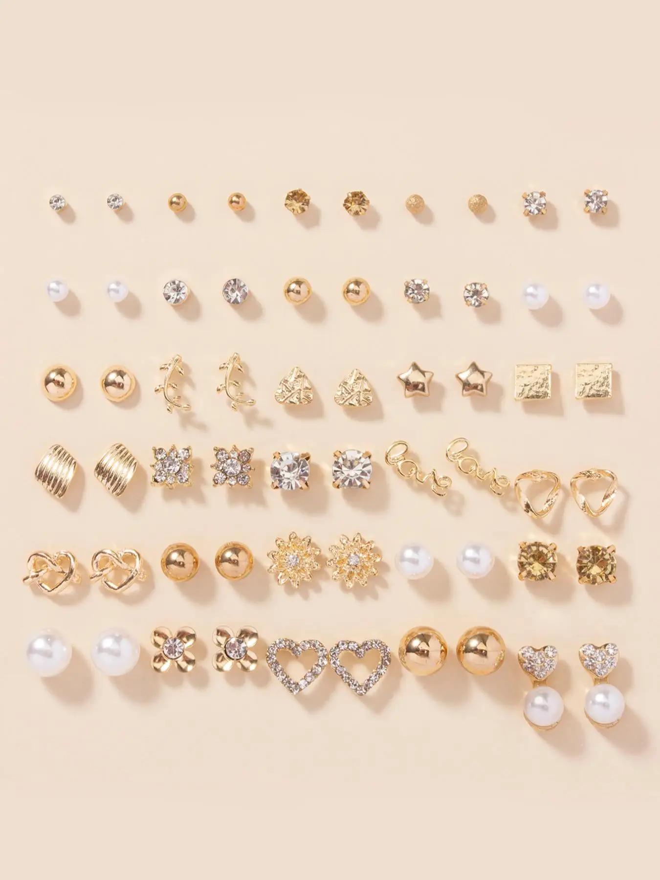 Faux Pearl & Rhinestone Decor Heart Shape Stylish Earrings Set, Studs Earrings for Women, Dainty Earrings, Vintage Fashionable Earrings Jewelry Gifts