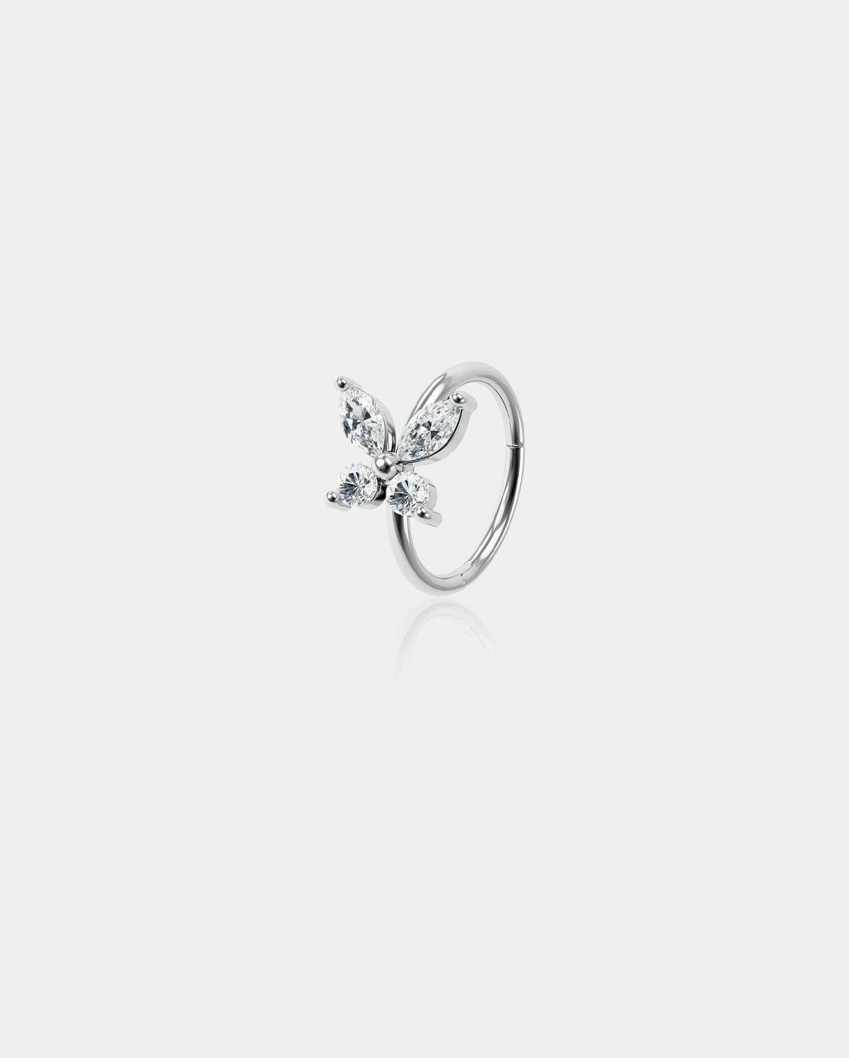 18G CZ Butterfly Segment Nose Ring - Silver / 8mm