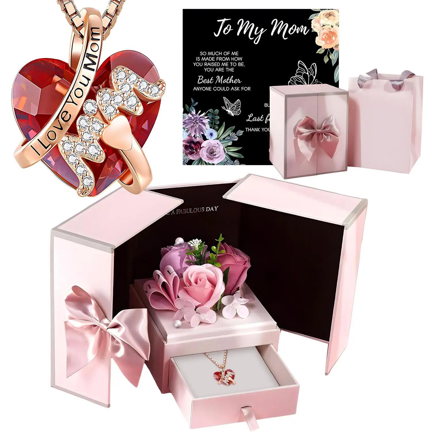 Necklace + Gift Box, 1 Set Rose Gift Box and I Love You Necklace, Rose Gift for Mom, Wife, Girlfriend, Anniversary, Birthday Gift for Women, Halloween