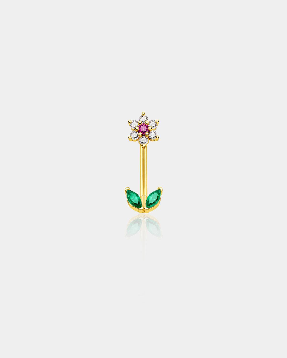 CZ Flower Curved Barbell Rook Ring - Ruby / 8mm