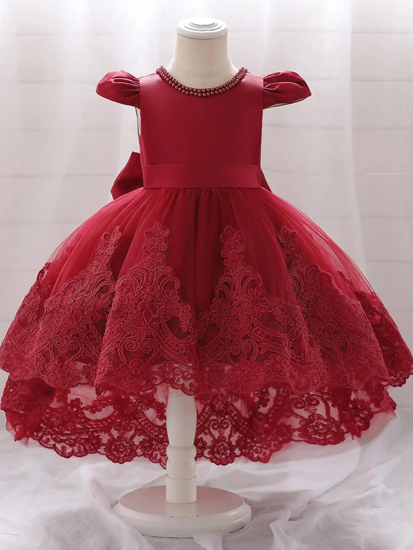Girl's Appliques Big Bow Decor Party Dress, Elegant High Low Hem Satin Dress for Party Performance Wedding Guest, Kids Clothes for All Seasons