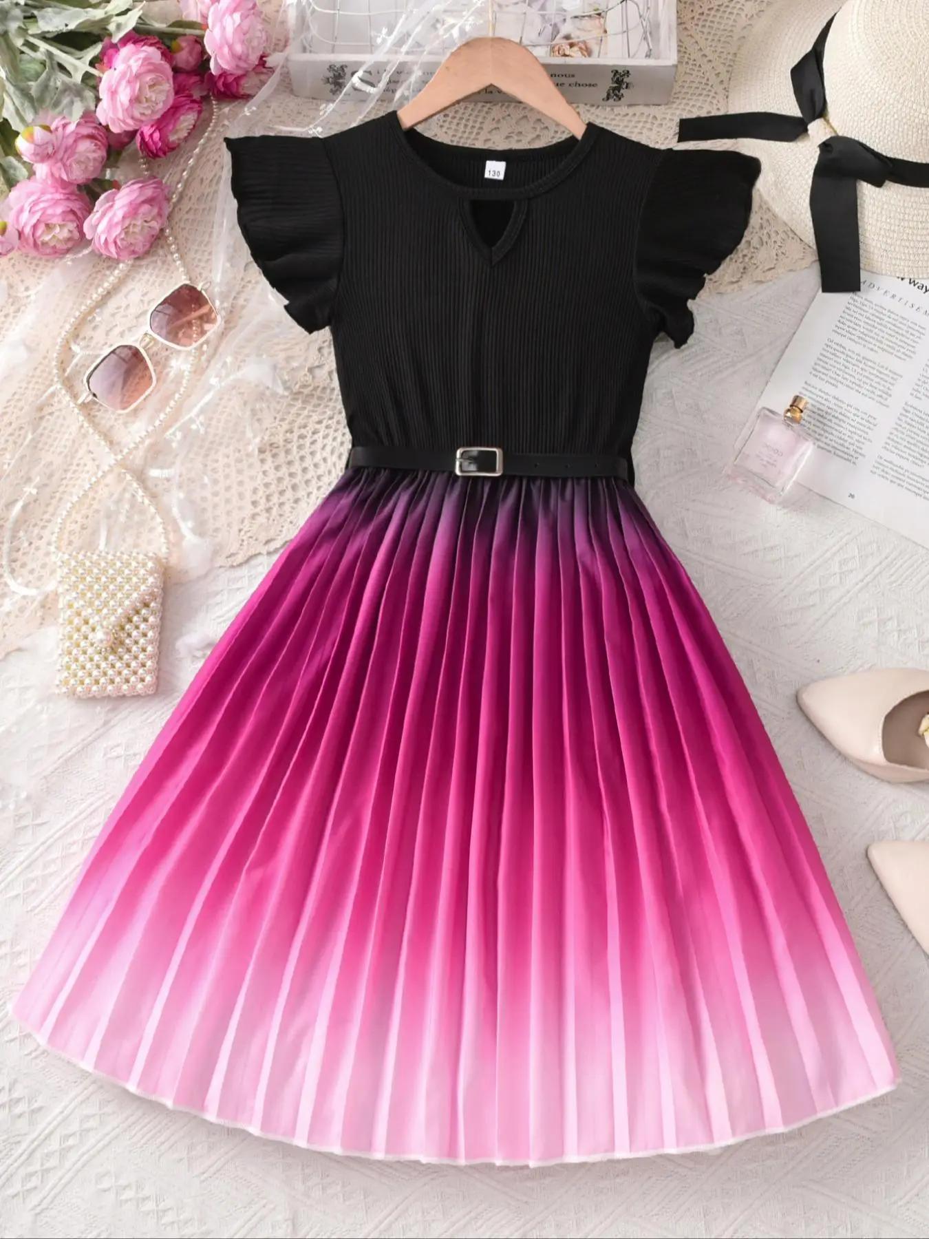 Girl's Ombre Print Belted Dress, Casual Pleated Dress for Party Holiday Wedding Guest, Kids Clothes for Summer