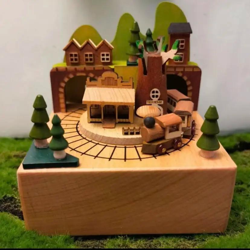 Wooden Music Box,Country Series Train Dream Fairy Tale Town Music Box, Birthday Gift Healing Style Gift Box