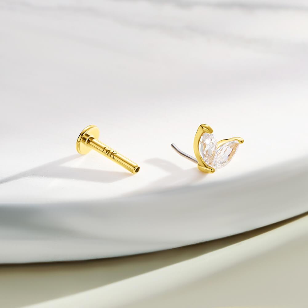 14K Gold CZ Two Leaves Threadless Cartilage Earring - Titanium Post Only / 16G-8mm