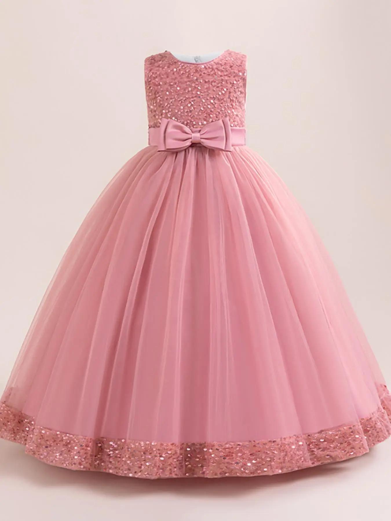 Girl's Contrast Sequin Bow Decor Tulle Dress, Elegant Sleeveless Round Neck Formal Dress for Party Wedding Guest, Kids Clothes for All Seasons