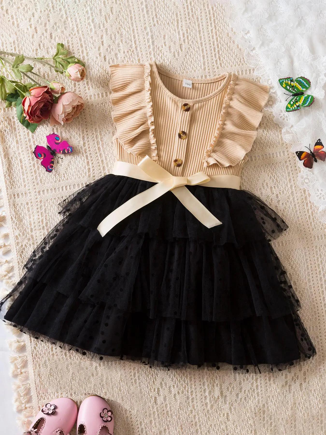 Girl's Polka Dot Print Contrast Mesh Ruffle Trim Dress, Cute Butterfly Sleeve Round Neck Dress for Party Holiday Wedding Guest, Kids Summer Clothes