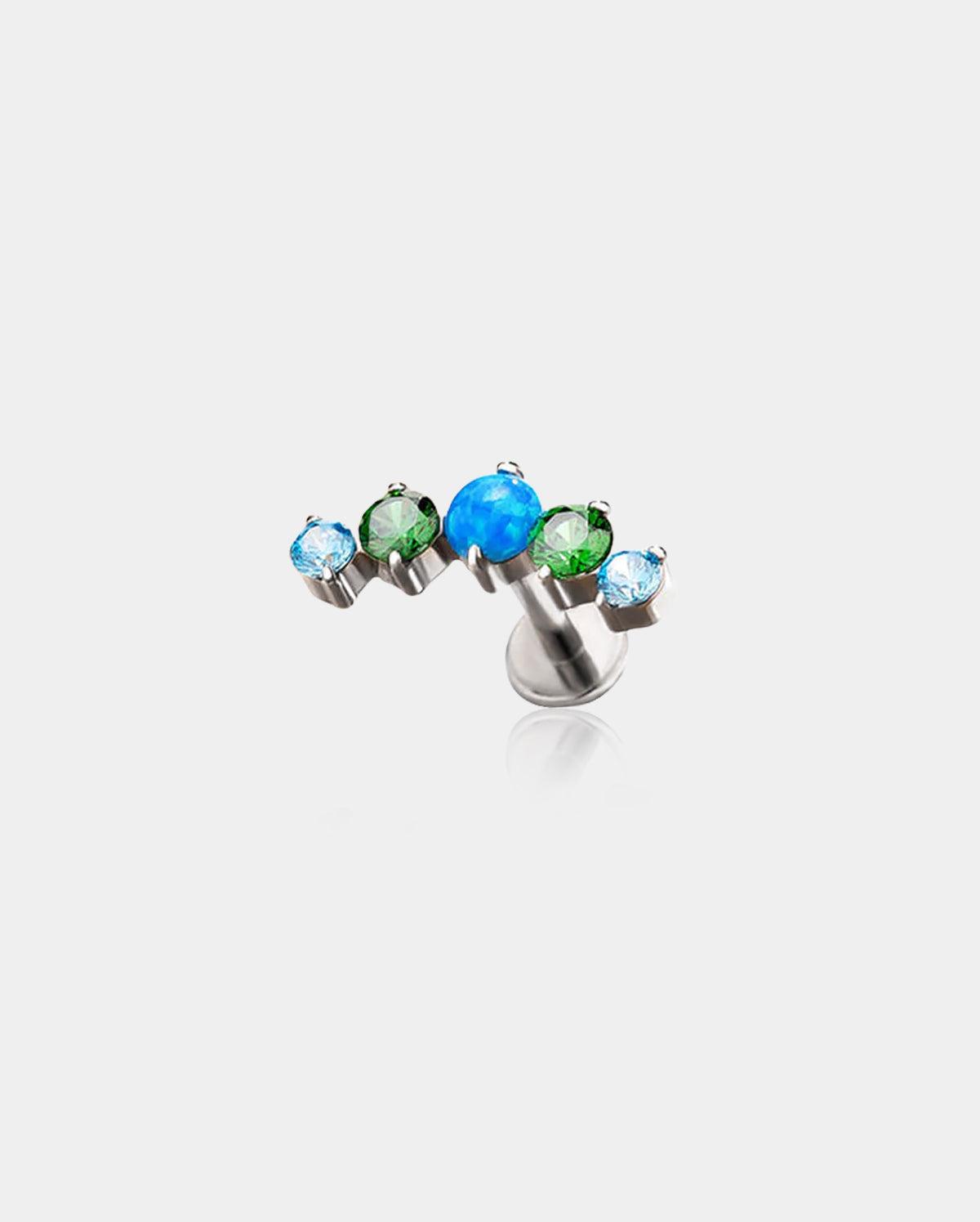 Opal & CZ Internally Threaded Titanium Cartilage Stud - Blue Opal