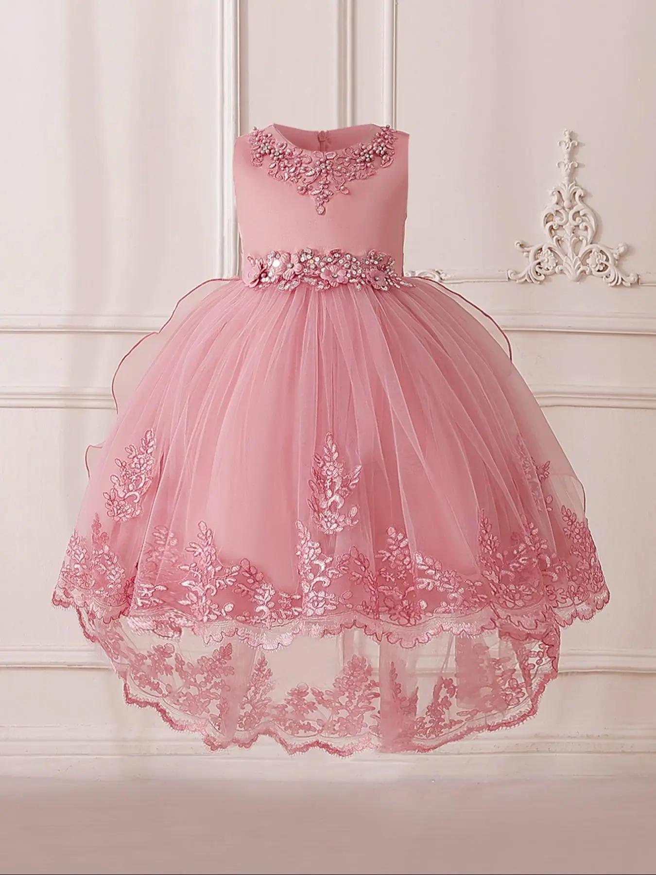 Toddler Girl's Rhinestone Appliques Tiered Layer Bow Back Tulle Dress, Elegant Sleeveless Round Neck Midi Dress for Party Wedding Guest, Kids Clothes