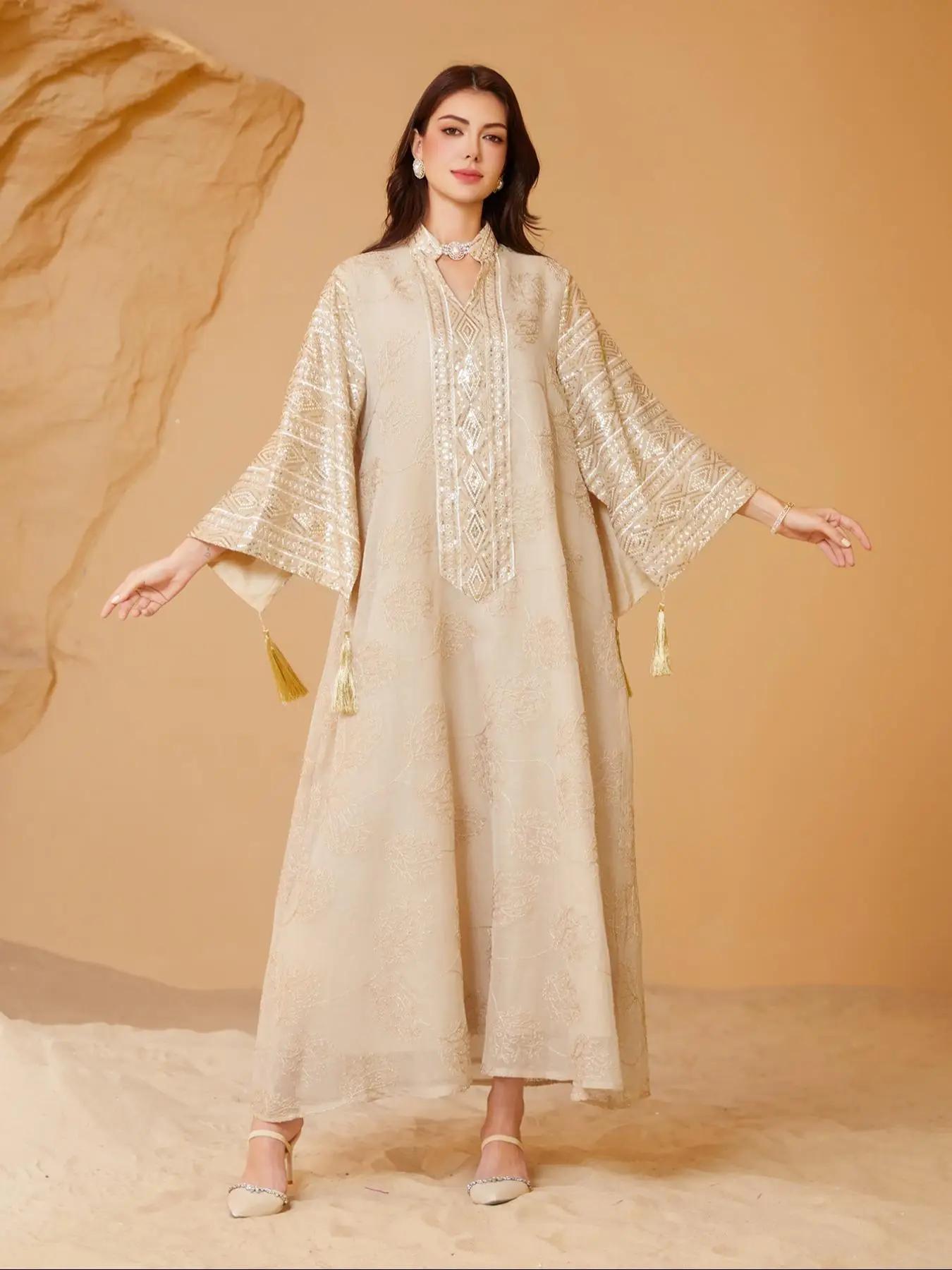 women's Contrast Sequin Dress, Elegant Long Sleeve Dress for Party Wedding Guest, Ladies Islamic Clothing for All Seasons