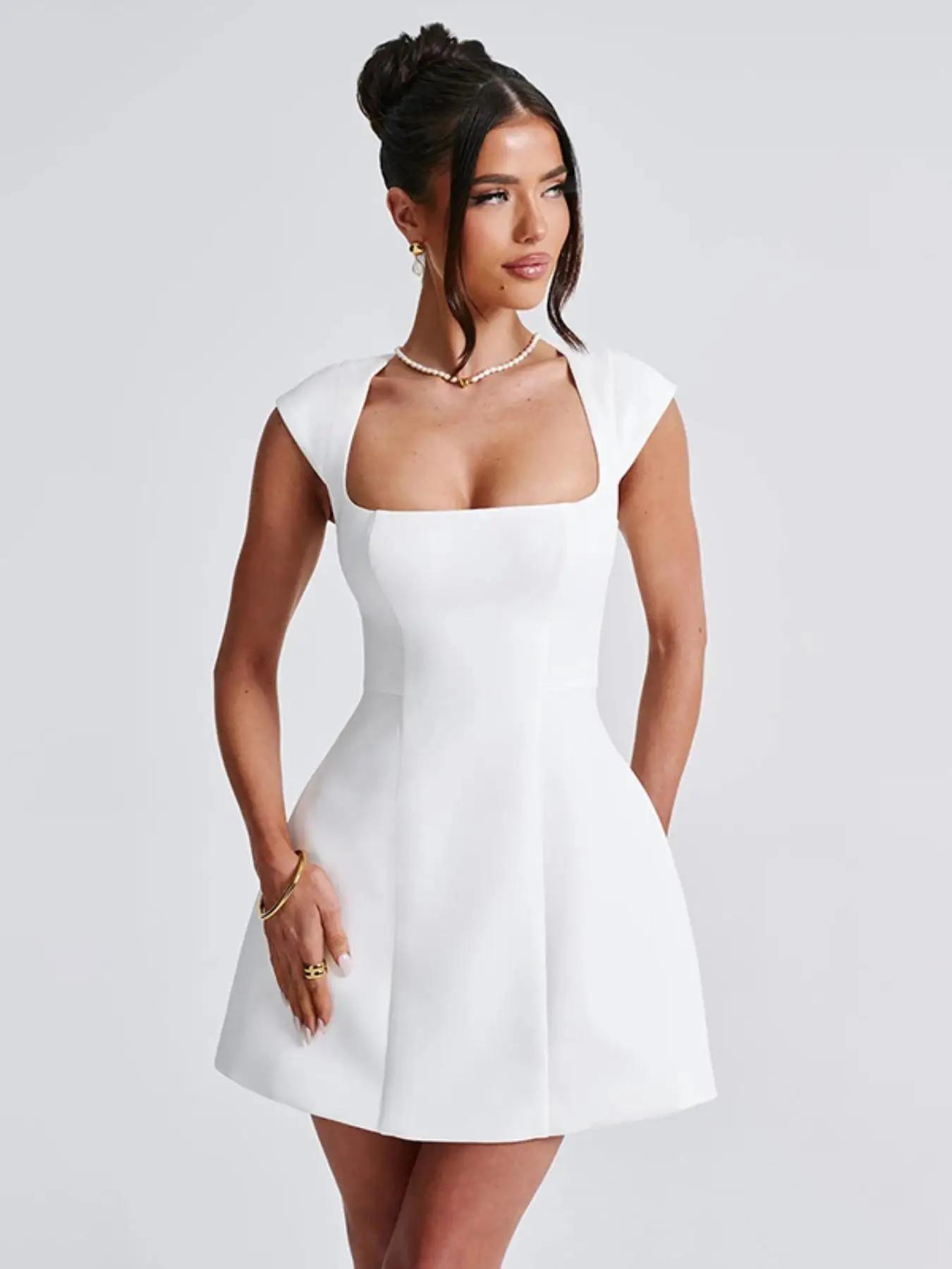 women's Plain Square Neck A Line Dress, Elegant Cap Sleeve Short Dress for Party Holiday Wedding Guest, Ladies Fall Clothes