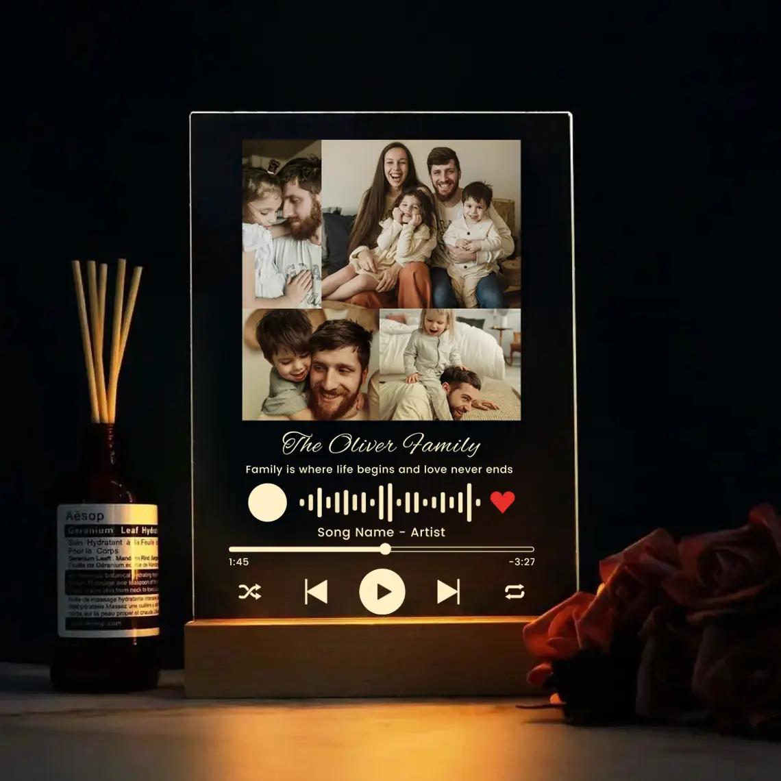 Personalized Acrylic Song Plaque with LED Light Wooden Base, Custom Novelty Led Light Night Glass Lamp Gift, Custom Music Gift for Dad, Colorful Night