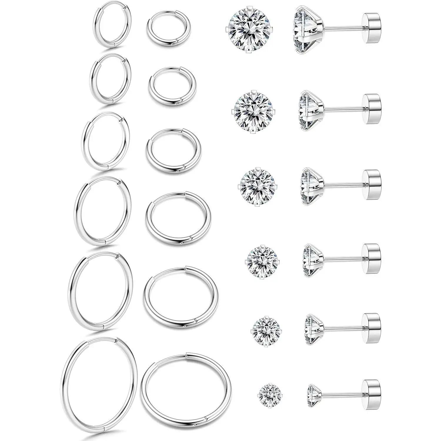 FLORIDECO 12Pairs Stainless Steel Hoop Stud Helix Earrings 20G Flat Back Cartilage Earrings Mini Small Hoop Earrings Flatback Stud Earrings Daily
