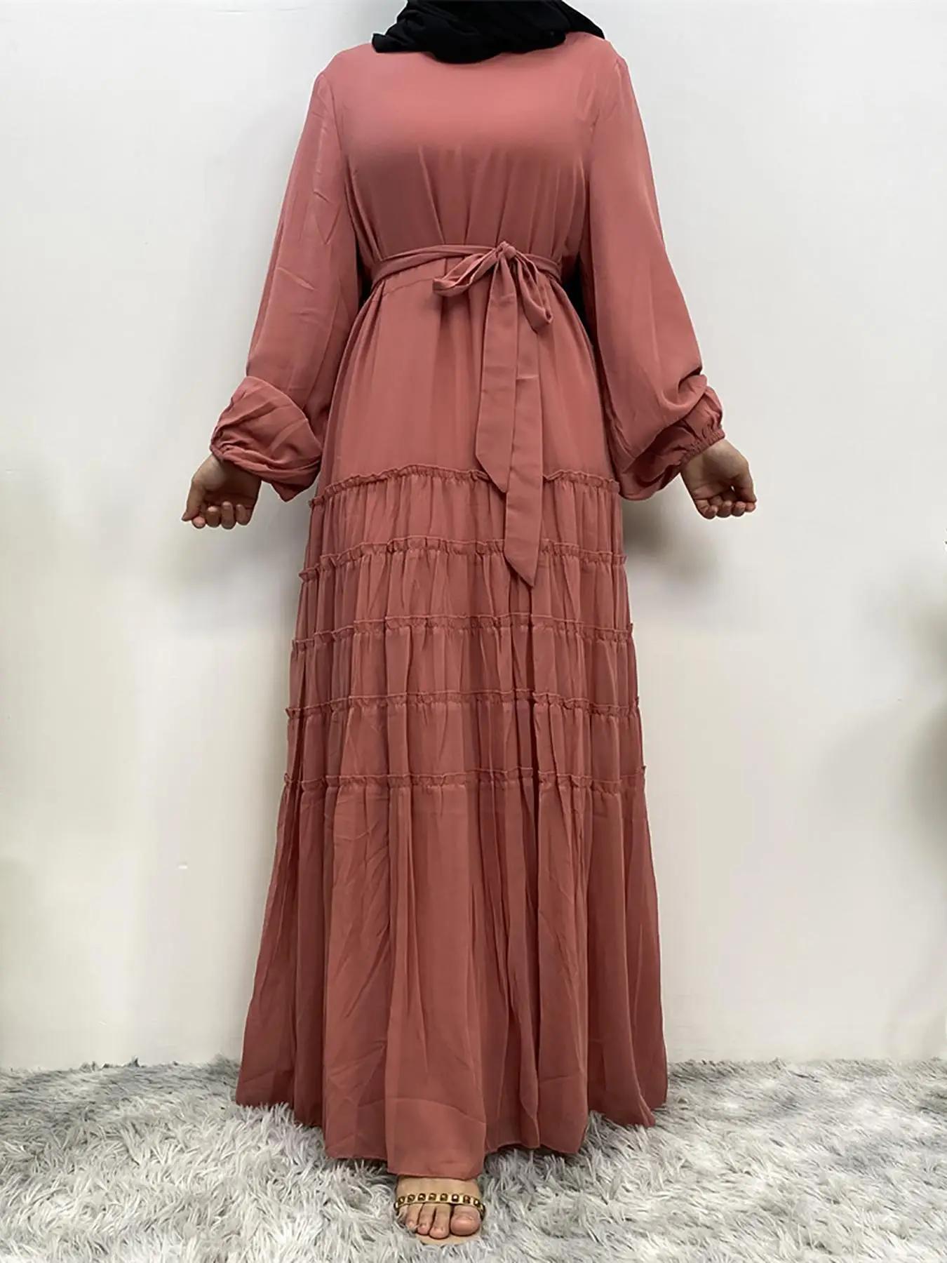 women's Plain Belted Tiered Layer Maxi Dress, Elegant Bishop Sleeve Long Dress for Party Holiday Wedding Guest, women's Islamic Clothing for Spring &