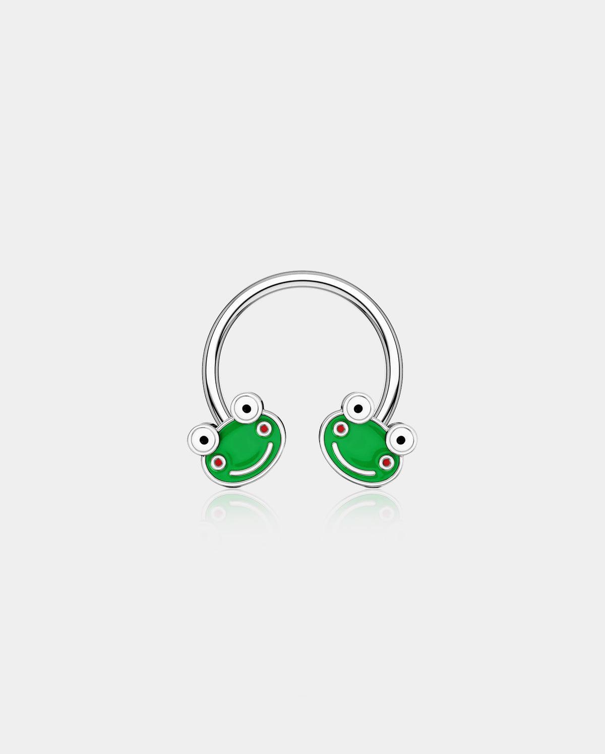 Smiling Green Frog Horseshoe Septum Ring - Silver