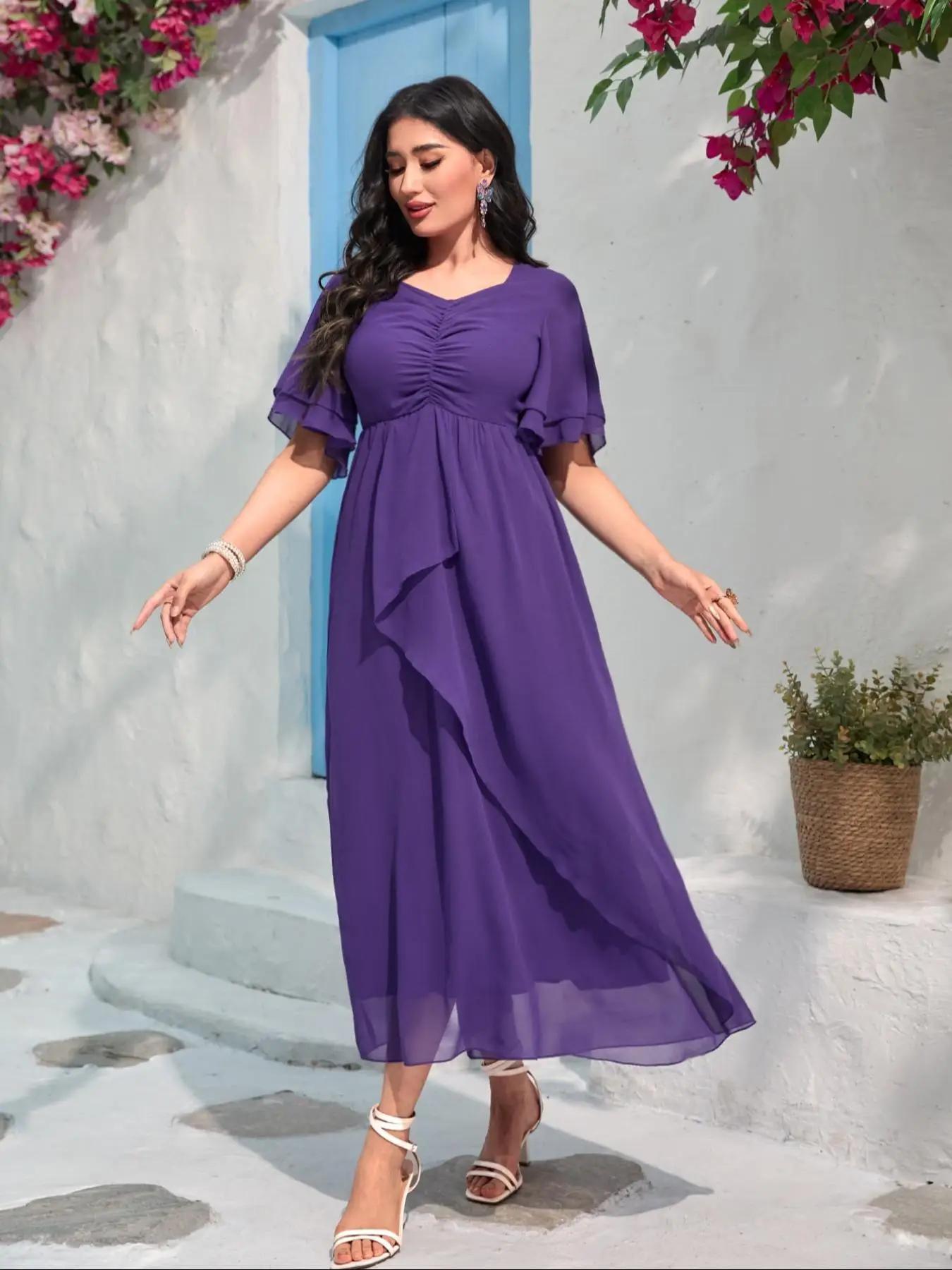 women's Plain V Neck Ruffle Trim Chiffon Dress, Elegant Bishop Sleeve Long Dress for Party Holiday Wedding Guest, Ladies Clothes for All Seasons