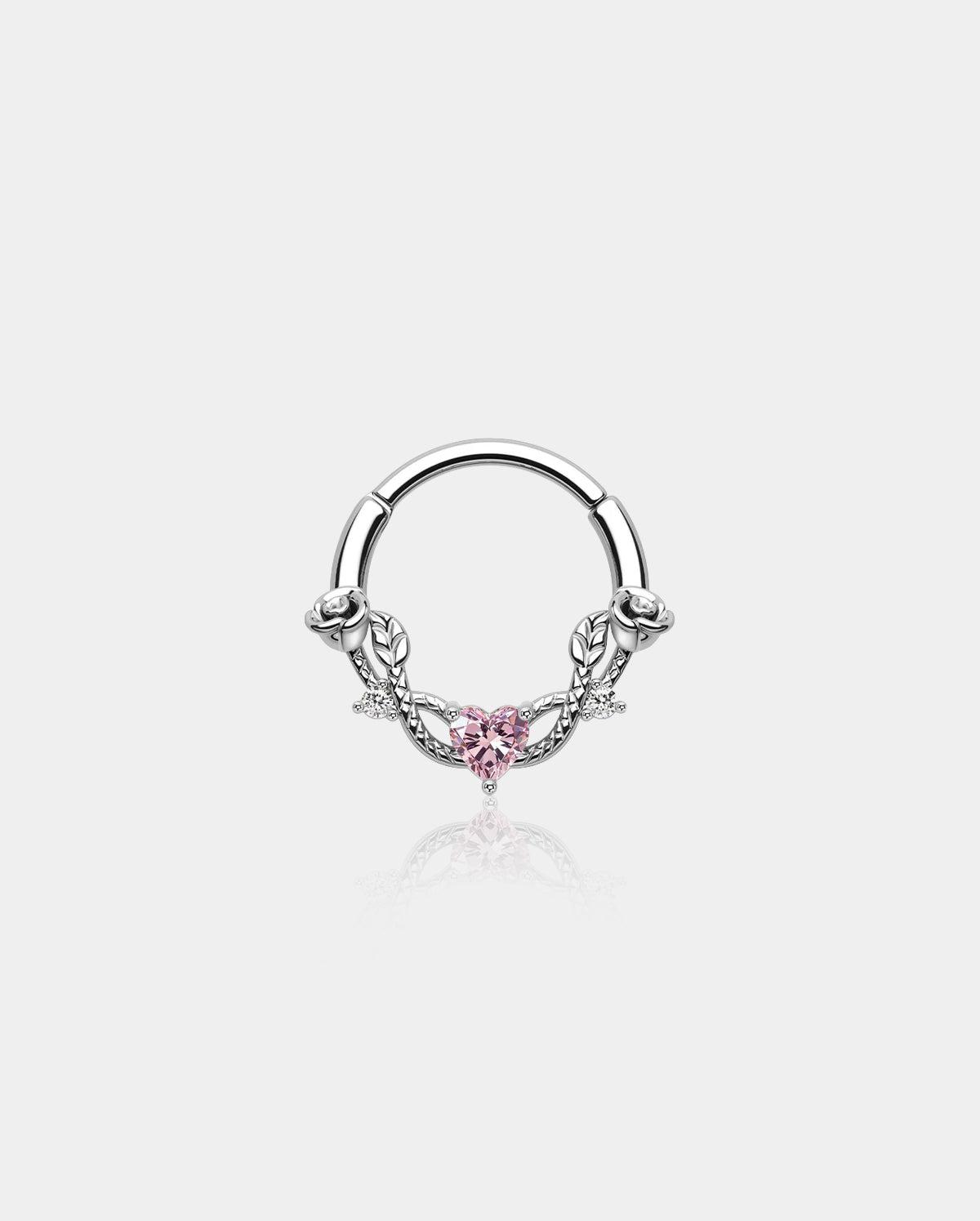 Rose Heart Hinged Segment Septum Ring - Silver-Pink CZ / 10mm