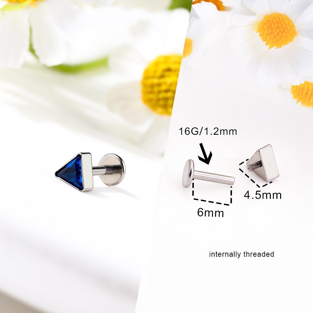 Triangle CZ Internally Threaded Titanium Cartilage Stud - Blue