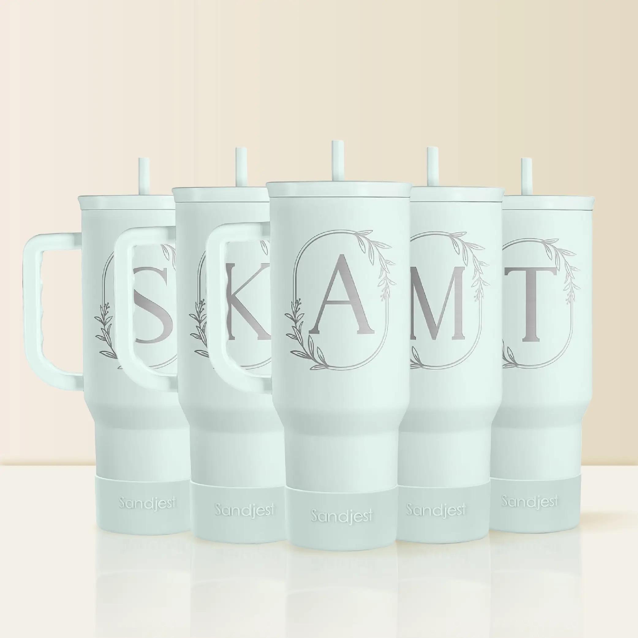 Sandjest Mint Personalized Initial 40oz Tumbler with Straw & Handle Stainless Steel Insulated Vacuum Cup, Home School Office, Christmas Birthday Gift