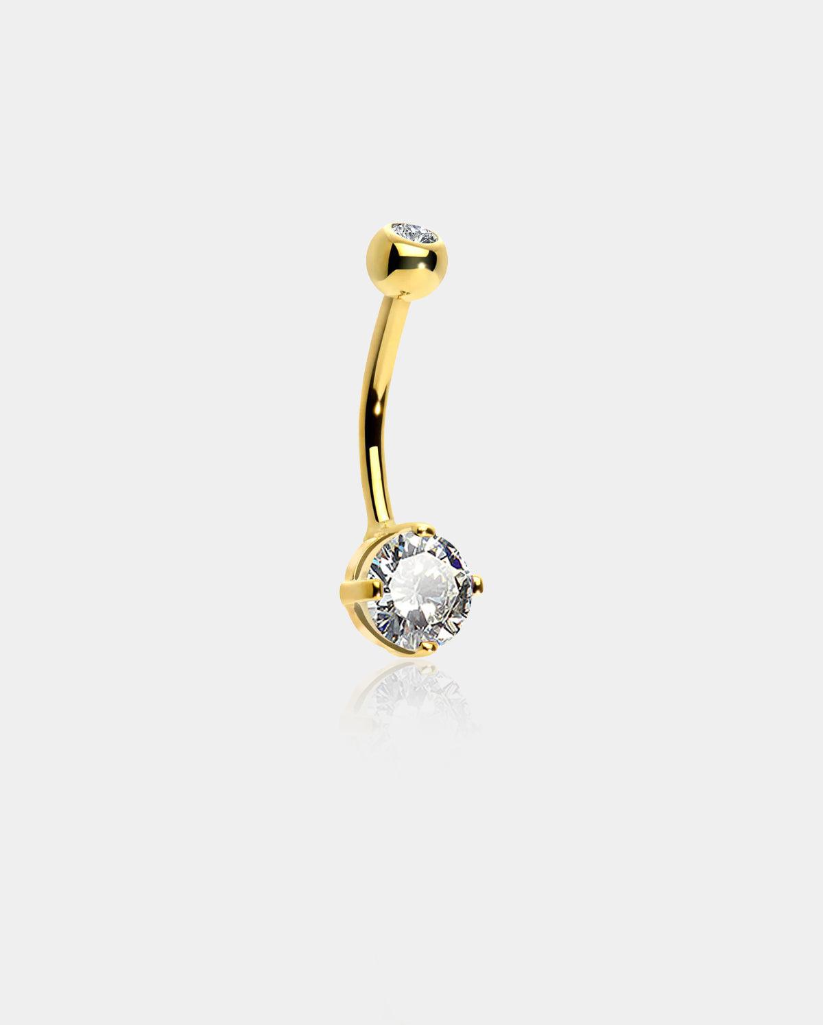 14K Gold Round CZ Belly Ring - 10mm
