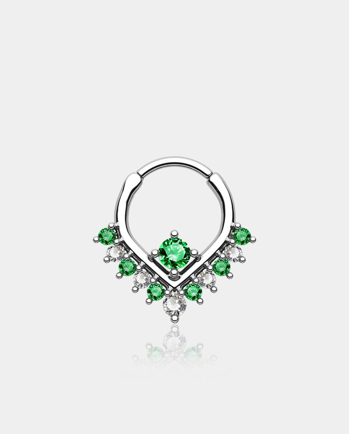Green & Clear CZ V-Shape Clicker Septum Ring - Sliver