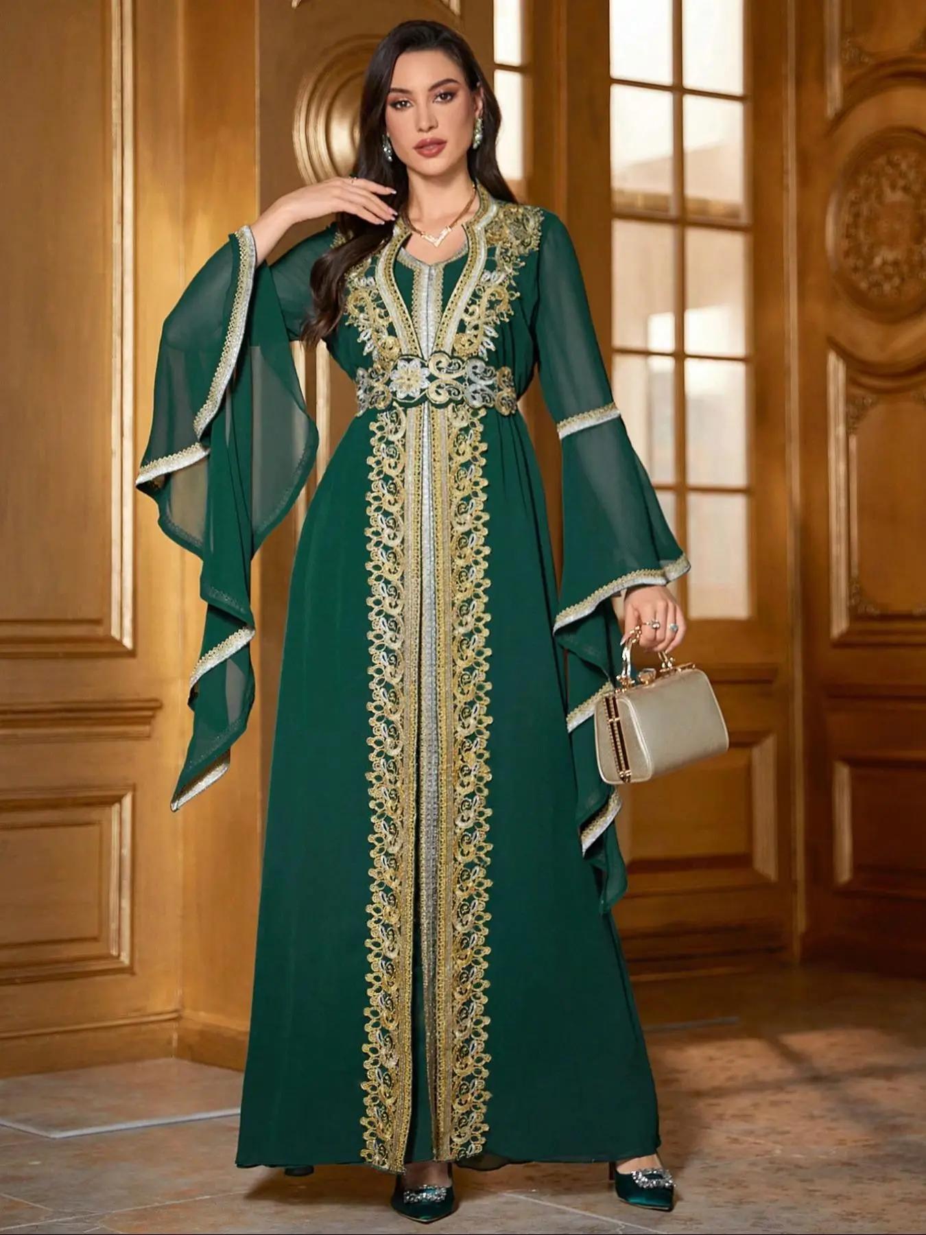 women's Embroidered Belted Arabian Dress, Modest Flounce Sleeve Long Dress for Party Holiday Wedding Guest, Ladies Spring & Fall Clothes