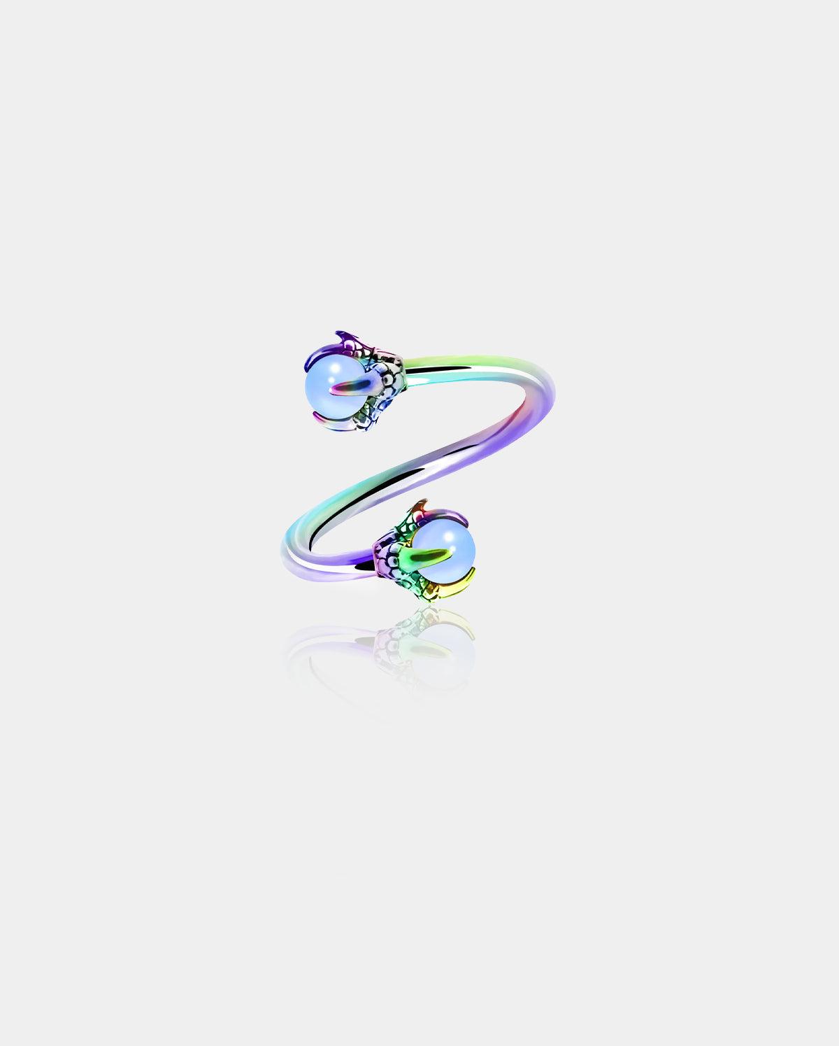 Dragon Claw S Shaped Helix Ring - Rainbow Opal