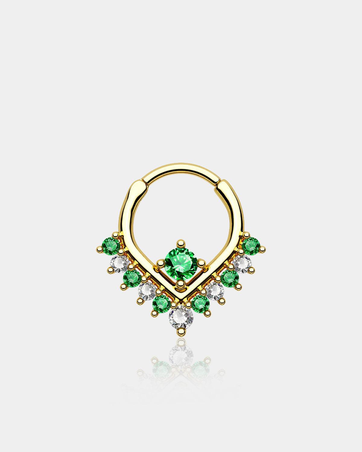 Green & Clear CZ V-Shape Clicker Septum Ring - Gold