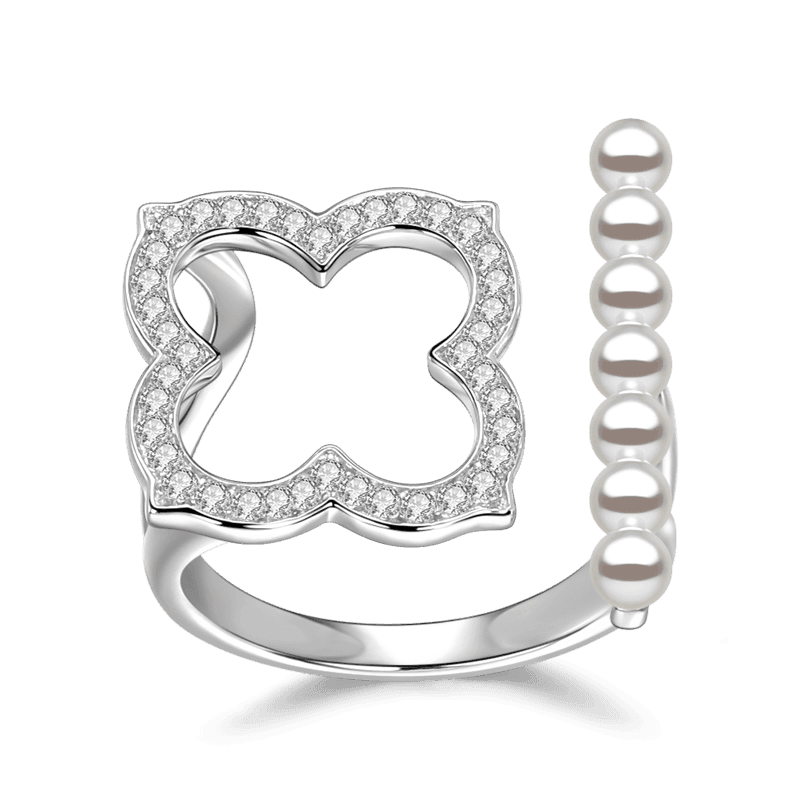 Four-Leaf Clover Silver Ring With Pearl For Women