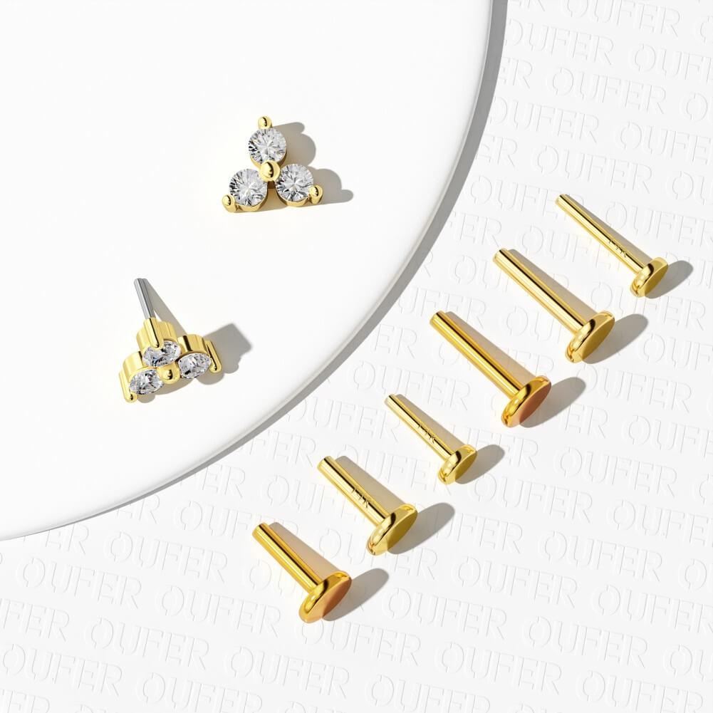 14K Gold Triple CZ Threadless Labret Stud - 14K Post Only / 18G-8mm