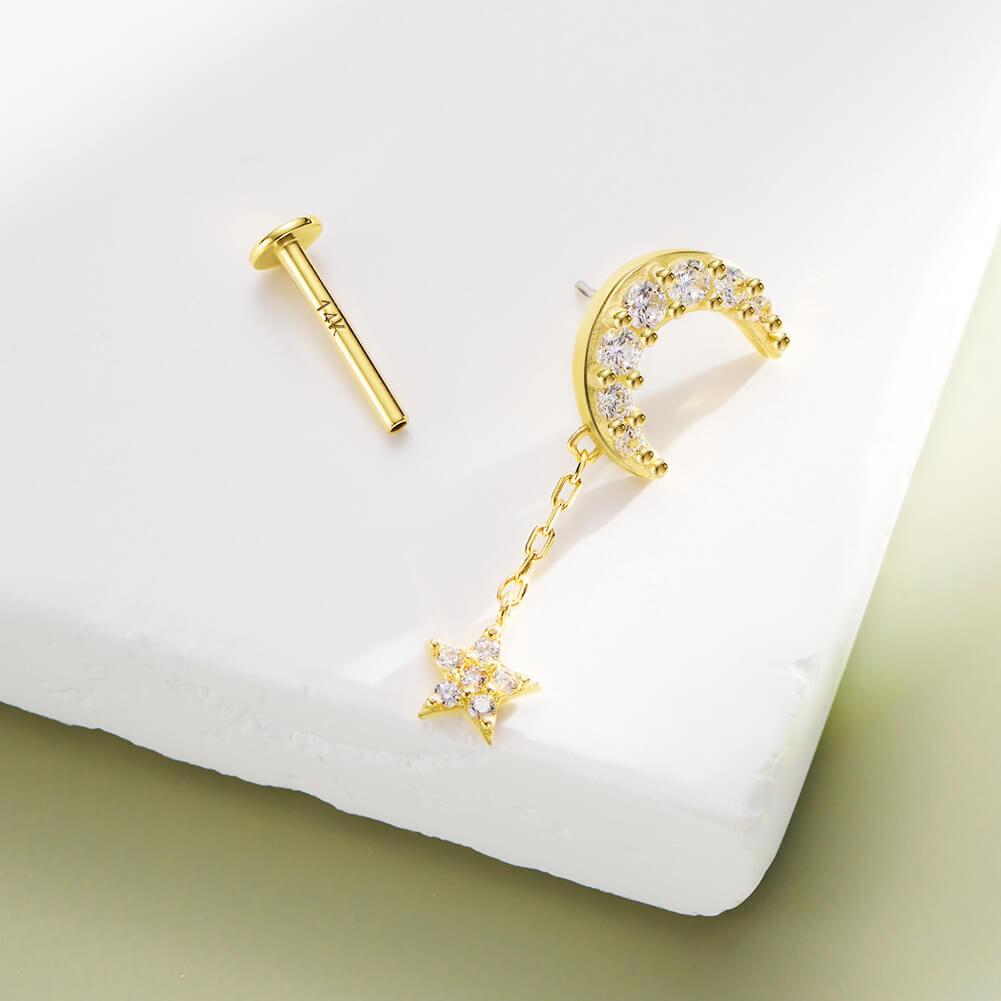 14K Gold Moon & Star Dangle Threadless Helix Earring - Titanium Post Only / 18G-8mm