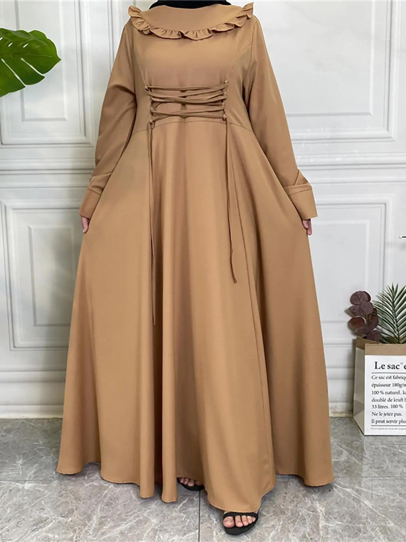 women's Plain Lace Up Ruffle Hem Plicated Dress, Elegant Long Sleeve A Line Dress for Party Holiday Wedding Guest, Ladies Spring & Fall Clothes