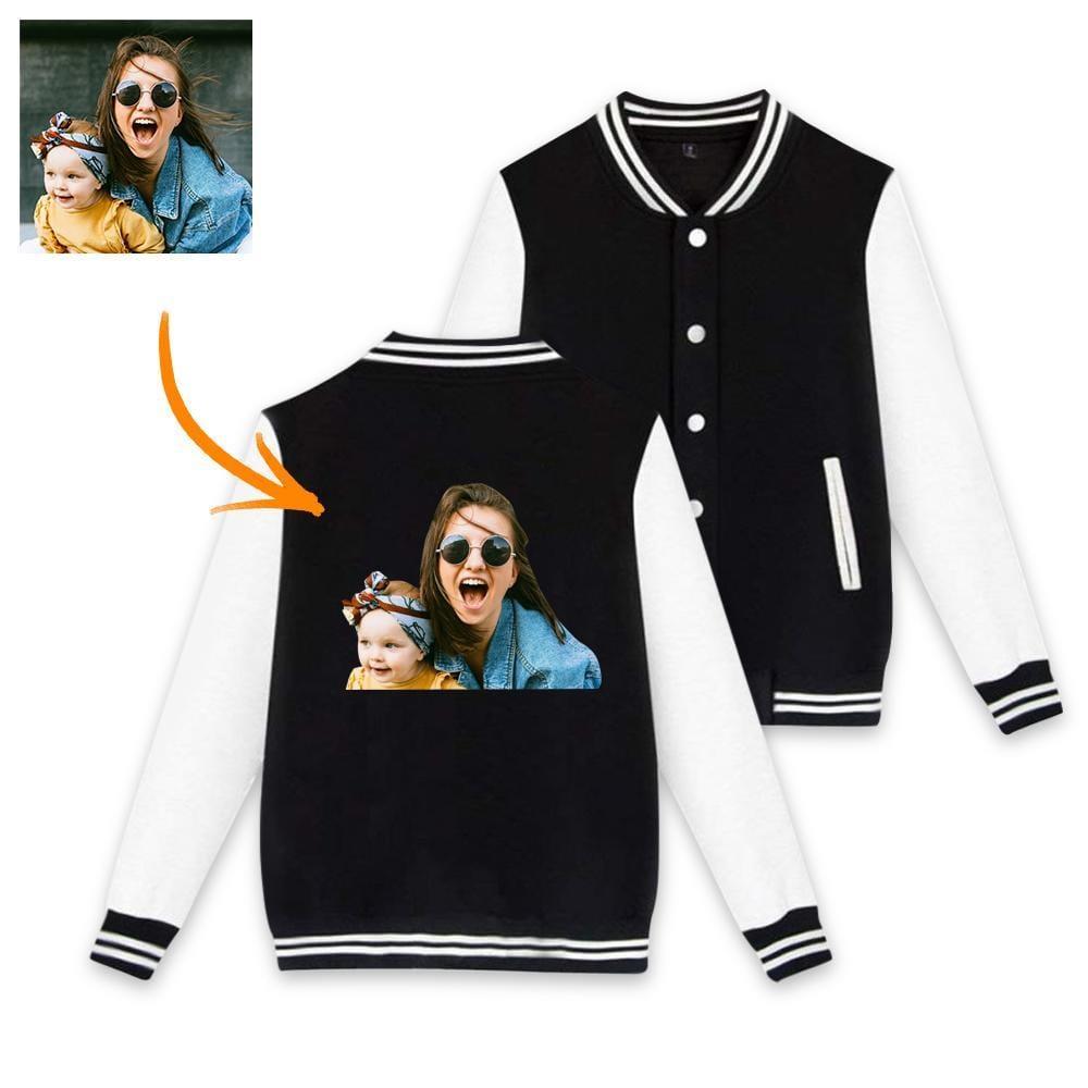 Custom Photo Baseball Jacket Sportswear Gray Black Pink Back - I Love Mom