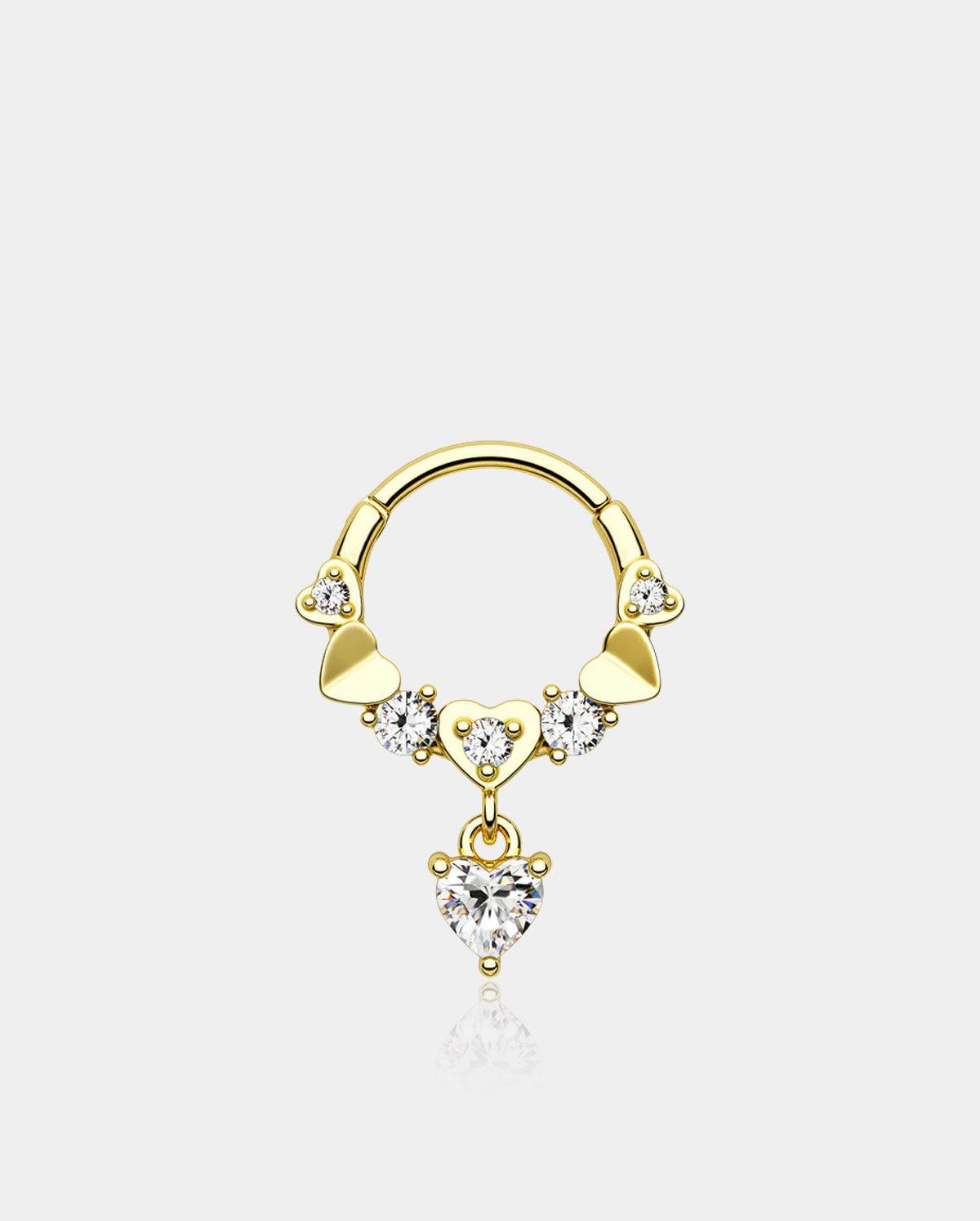 Deep Love Dangle Heart Segment Septum Ring - Gold