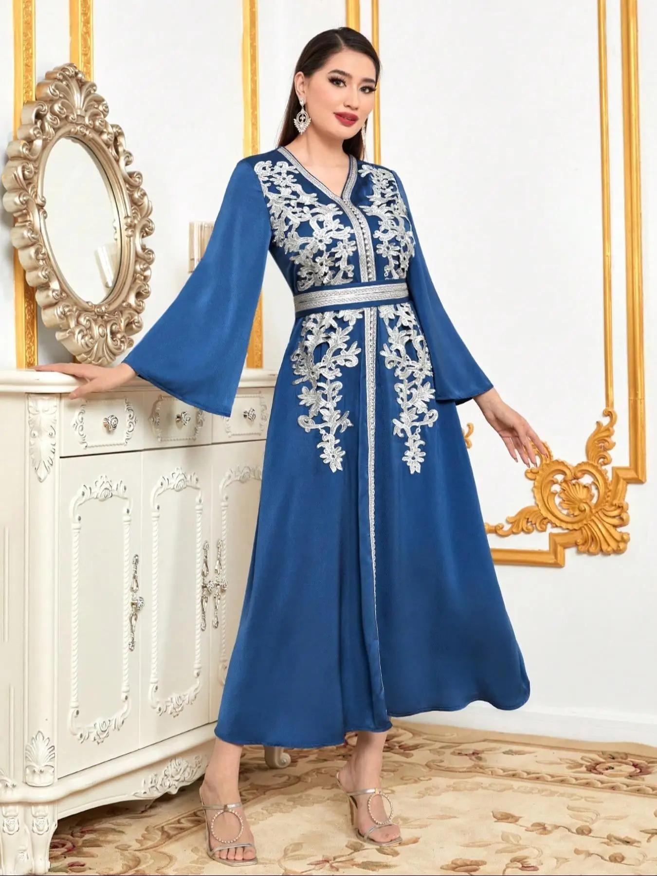 women's Floral Embroidery Belted Dress, Elegant Long Sleeve Maxi Muslim Dress for Party Wedding Guest, Ladies Islamic Clothing for All Seasons