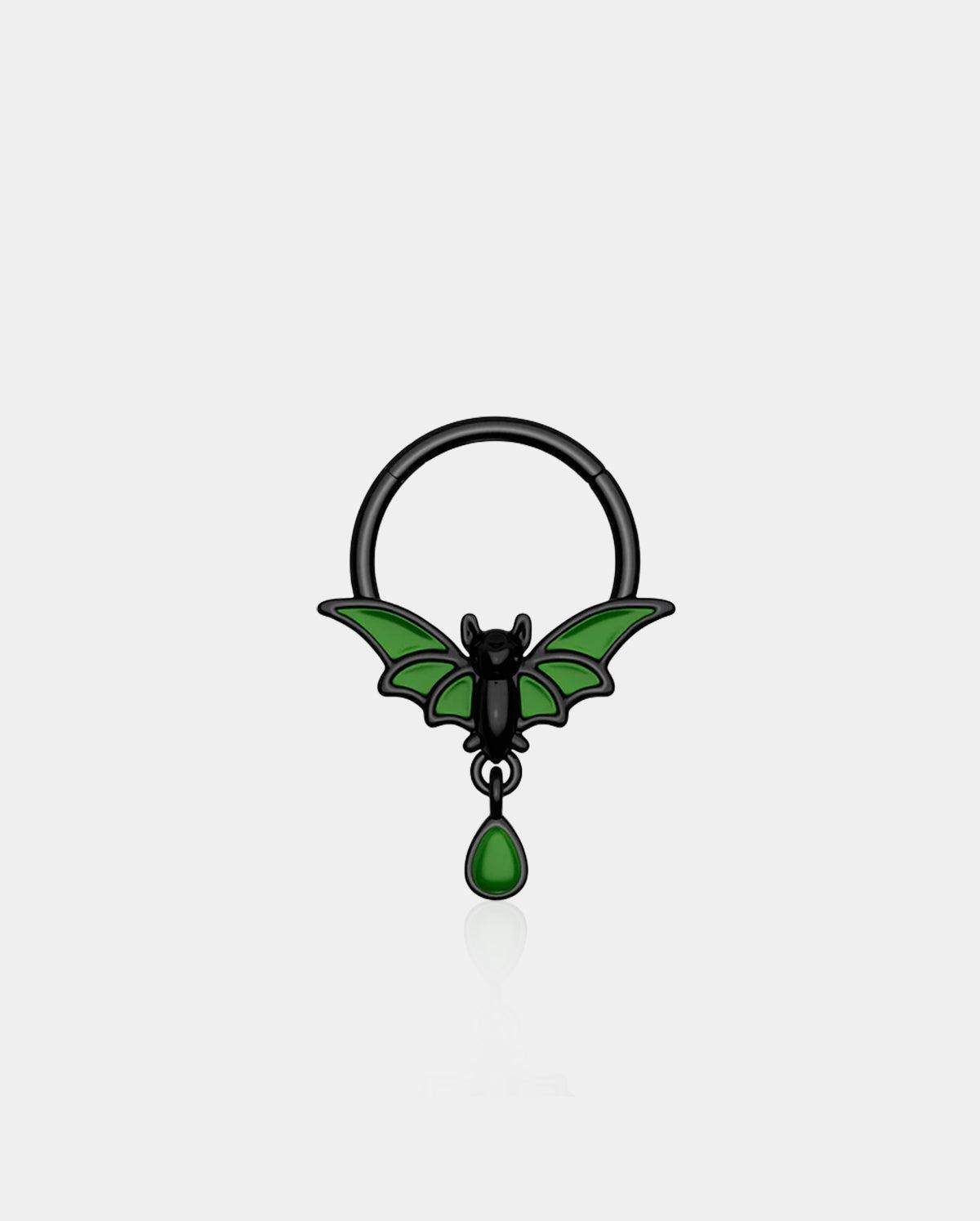 Dangle Bat Hinged Segment Septum Ring - Green (Glow in the Night)