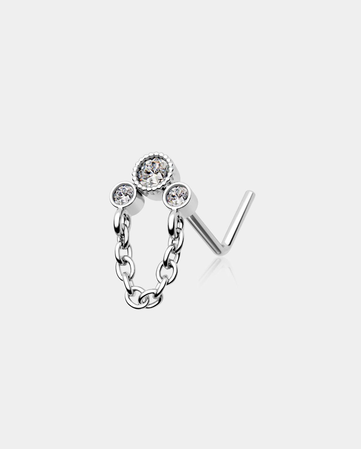 CZ Bezel Setting Dangle Chain Nose Stud