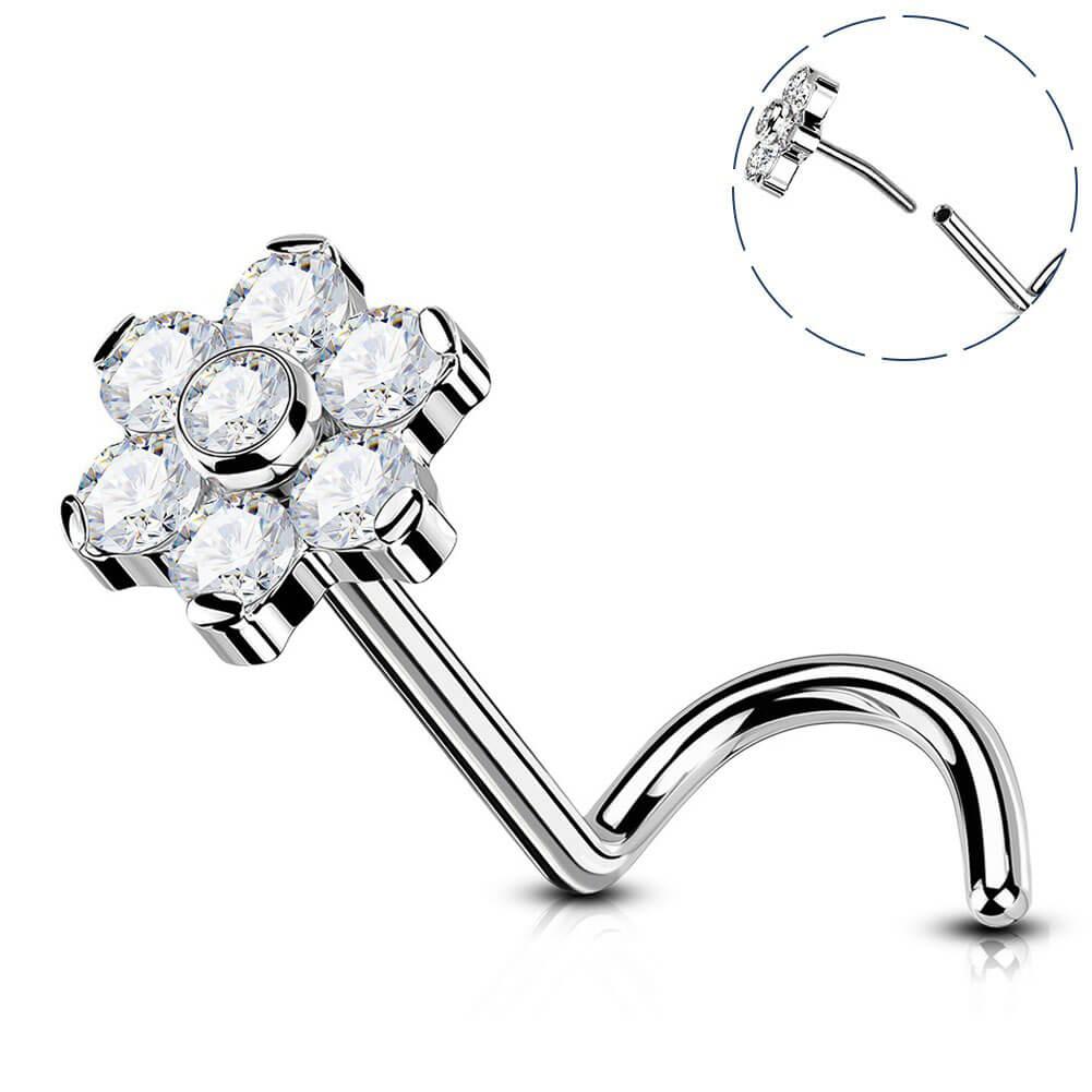 Flower Threadless Titanium Nose Stud - CZ