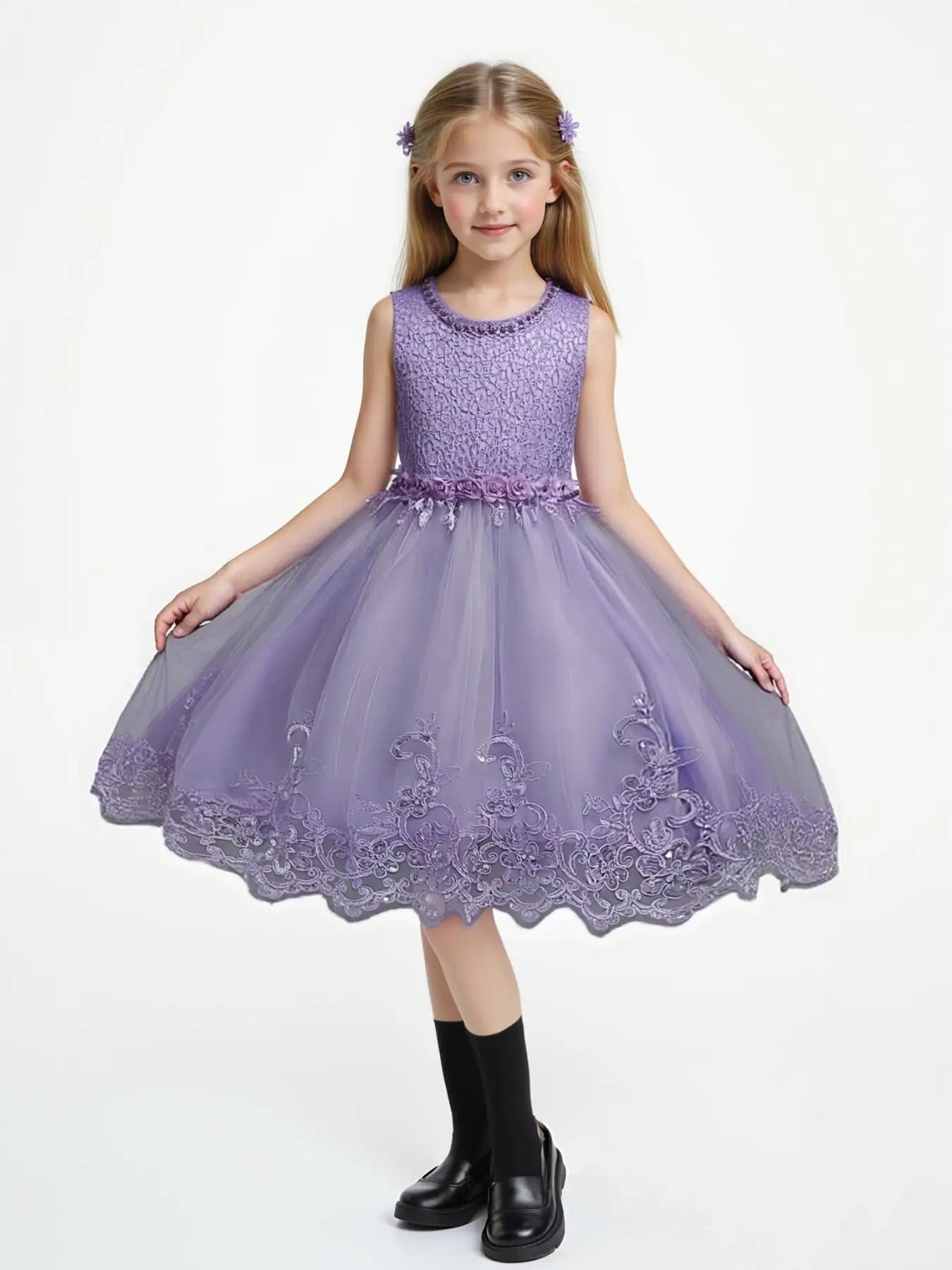 Girl's Floral Embroidery Beaded Bow Back Tulle Dress, Elegant Sleeveless Round Neck Dress for Party Wedding Guest, Kids Clothes for All Seasons