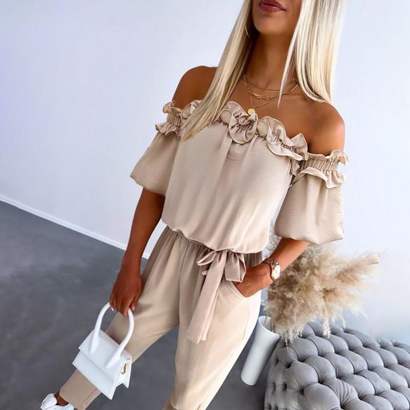 ChicMe women's Off Shoulder Frill Hem Tied Detail Wedding Guest Jumpsuit for Wedding