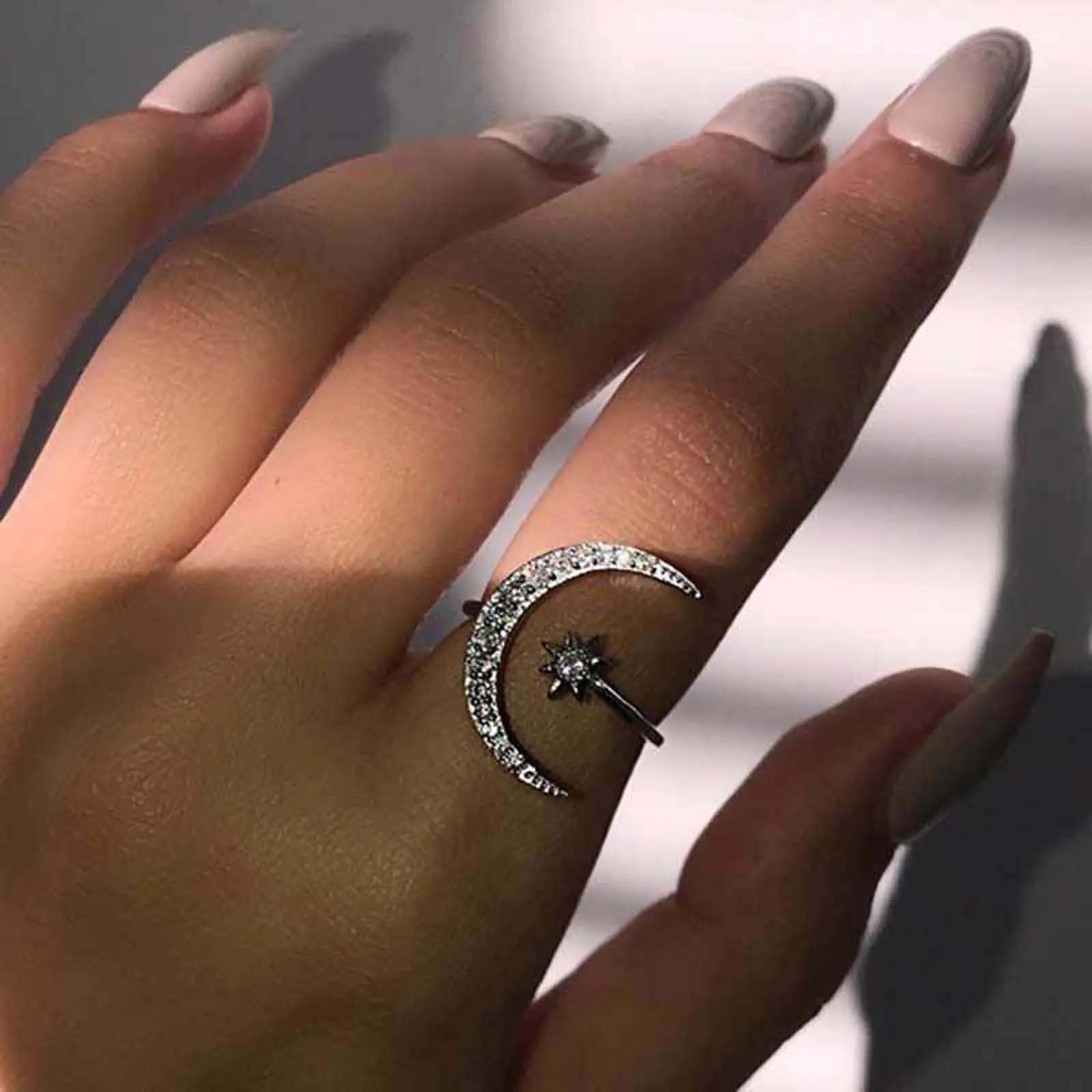 Crescent Moon & Star Zircon Ring, Adjustable Open Band, women's Daily & Party Jewelry, Personalized Mother's Day & Anniversary Gift