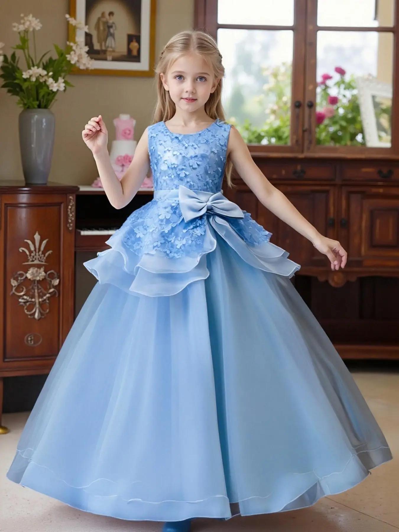 Girl's Appliques Bow Front Tiered Layer Chiffon Party Dress, Elegant Sleeveless Round Neck Contrast Mesh Fit & Flare Dress for Party Wedding Guest, Ki