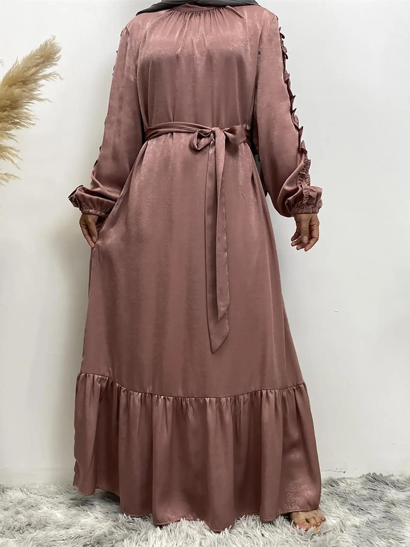 women's Plain Frill Trim Ruffle Hem Belted Kaftan Dress, Elegant Bishop Sleeve Keyhole Neckline Maxi Dress for Party Holiday Wedding Guest, Ladies Su