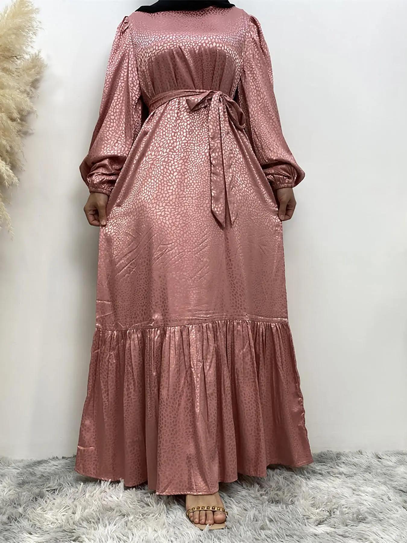 women's Leopard Print Belted Islamic Dress, Elegant Round Neck Long Sleeve Dress for Party Holiday Wedding Guest, Ladies Clothes for All Seasons