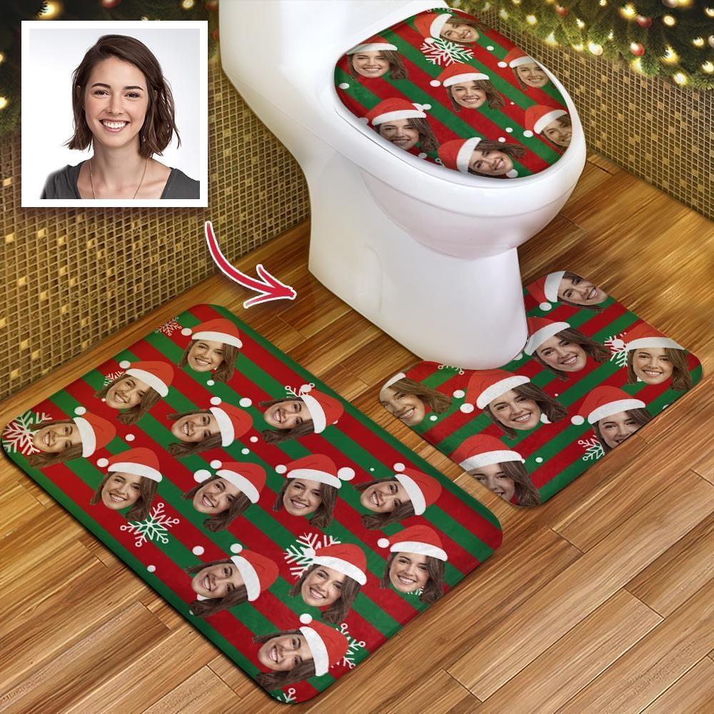 Custom Women Face Christmas Hat Photo Toilet Rug Set Personalized 3 Piece Set Toilet Non-Slip Contour Mat Lid Cover Christmas GIft