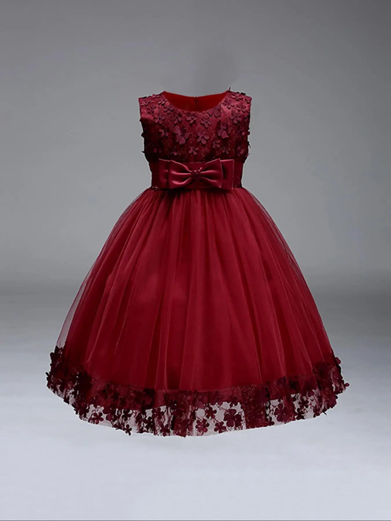 Girl's Contrast Lace Bow Decor Satin Party Dress, Elegant Round Neck Sleeveless Zipper Back Tulle Tutu Dress for Party Performance Wedding Guest, Kids