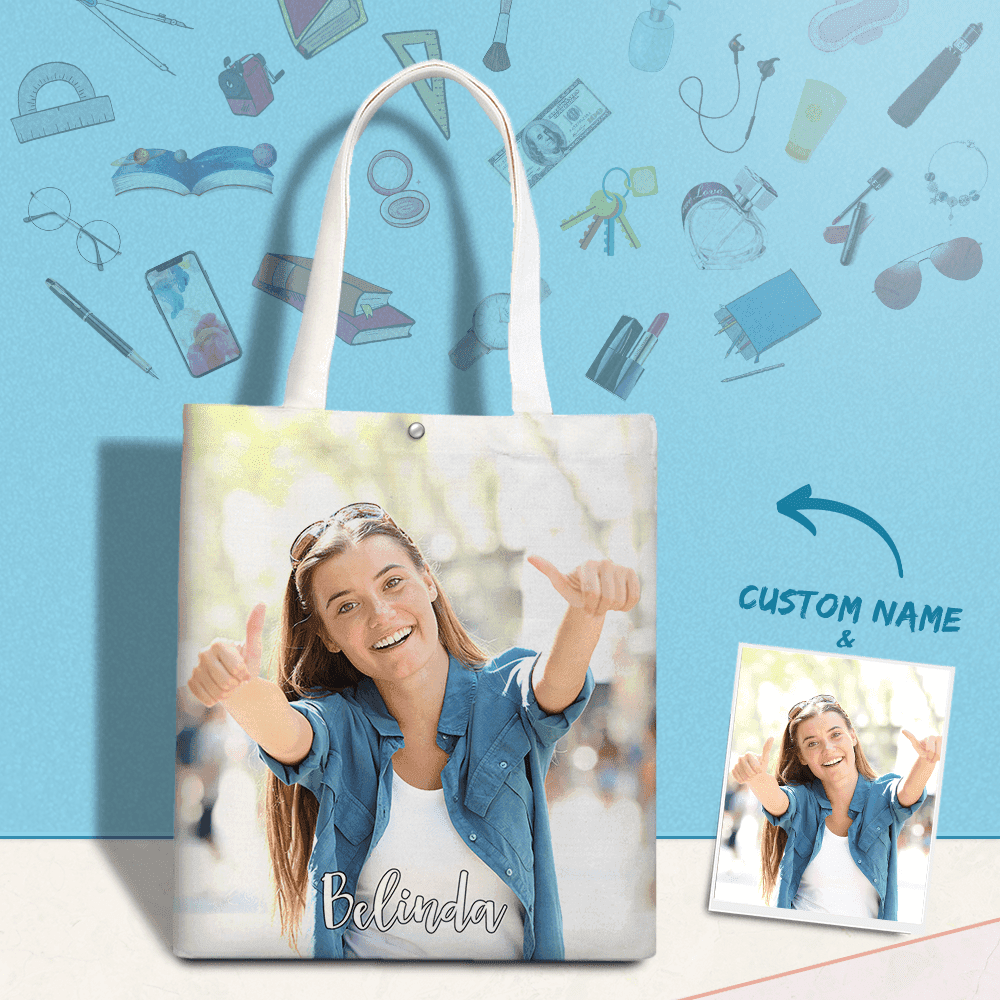 Custom Canvas Tote Bag with Text & Photo Personalized Gift For Best Friend