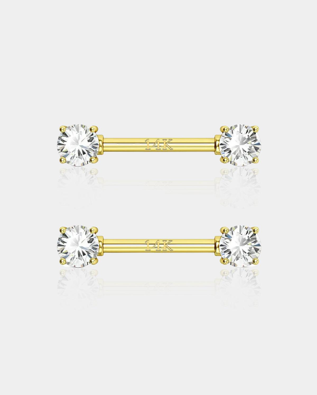 14K Gold Round CZ Nipple Ring - 14mm
