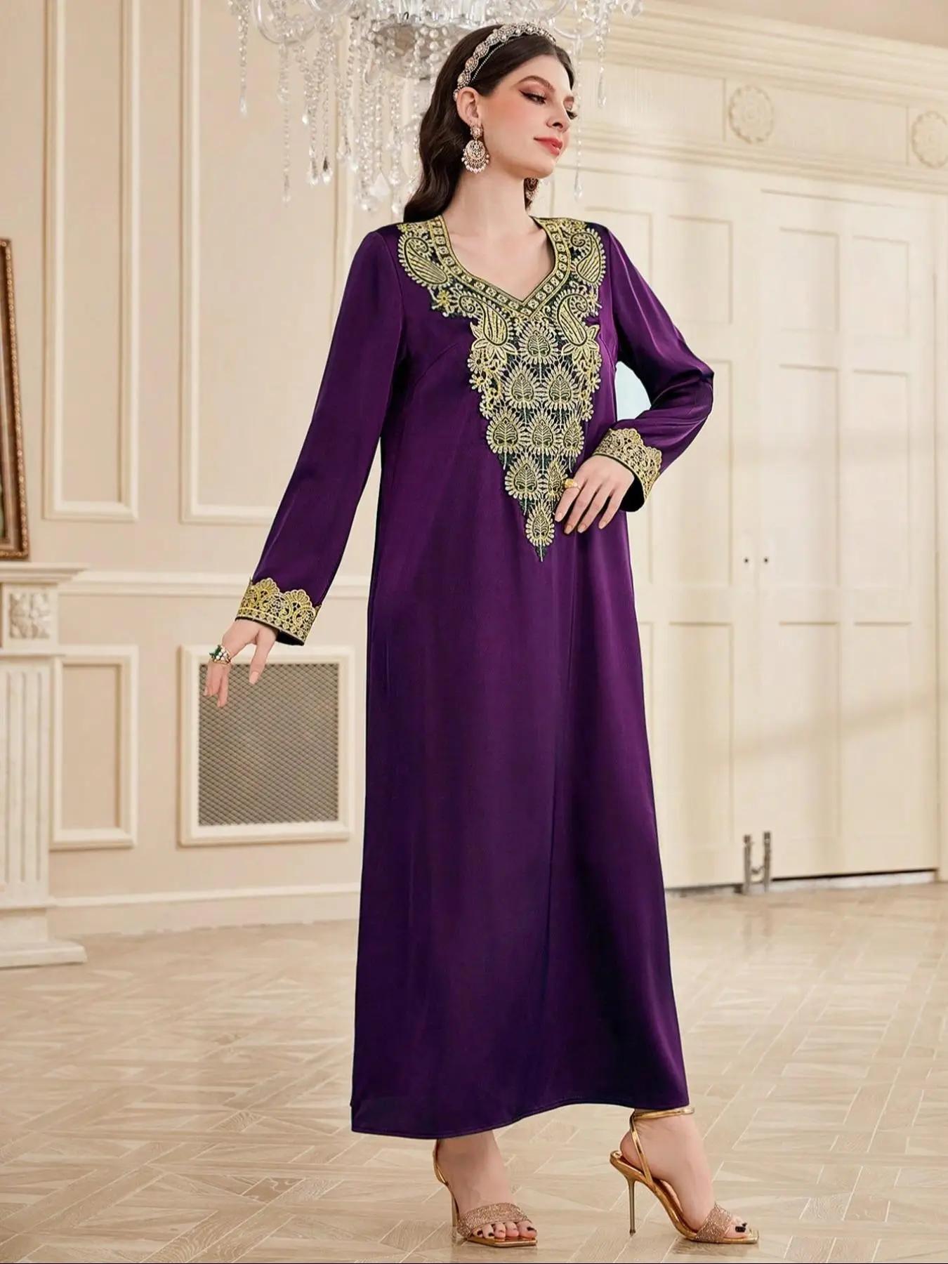 women's Plain Embroidery V Neck Long Sleeve Dress, Elegant Long Dress for Party Wedding Guest, Ladies Islamic Clothing for All Seasons